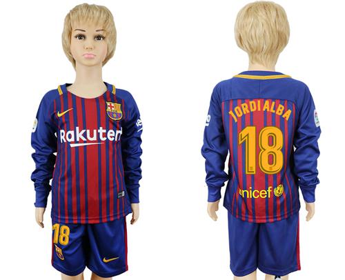 Barcelona #18 Jordi Alba Home Long Sleeves Kid Soccer Club Jersey